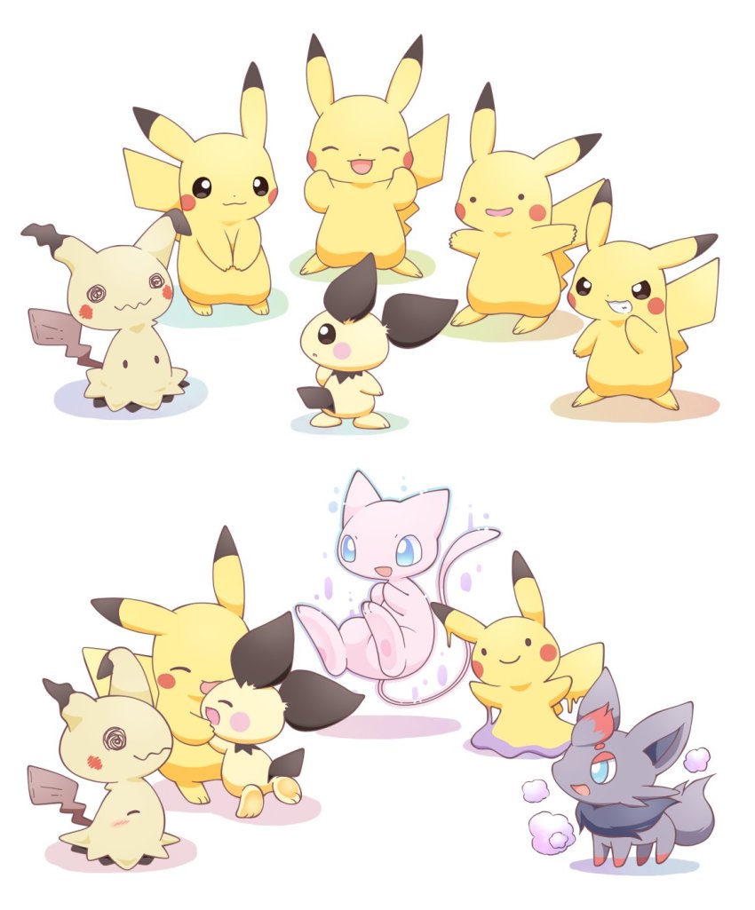 2koma, akuasu, comic, disguised_zorua, ditto, gen_1_pokemon, gen_2_pokemon, gen_5_pokemon, gen_7_pokemon, grin, highres, hug, legendary_pokemon, mew_(pokemon), mimikyu, mythical_pokemon, nintendo, no_humans, pichu, pikachu, pokemon, pokemon_(creature), pokemon_ability, pokemon_move, power_connection, silent_comic, smile, transformed_ditto, zorua