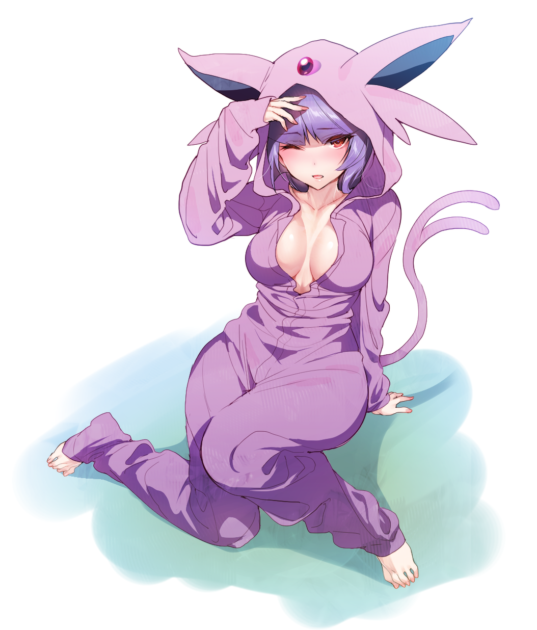 1girl, barefoot, blush, bodysuit, breasts, breasts_apart, cleavage, cosplay, espeon, espeon_(cosplay), feet, female_focus, gen_2_pokemon, gym_leader, highres, hizuki_akira, looking_up, nintendo, one_eye_closed, pokemon, pokemon_heartgold_and_soulsilver, purple_bodysuit, purple_hair, red_eyes, sabrina_(pokemon), solo, tail