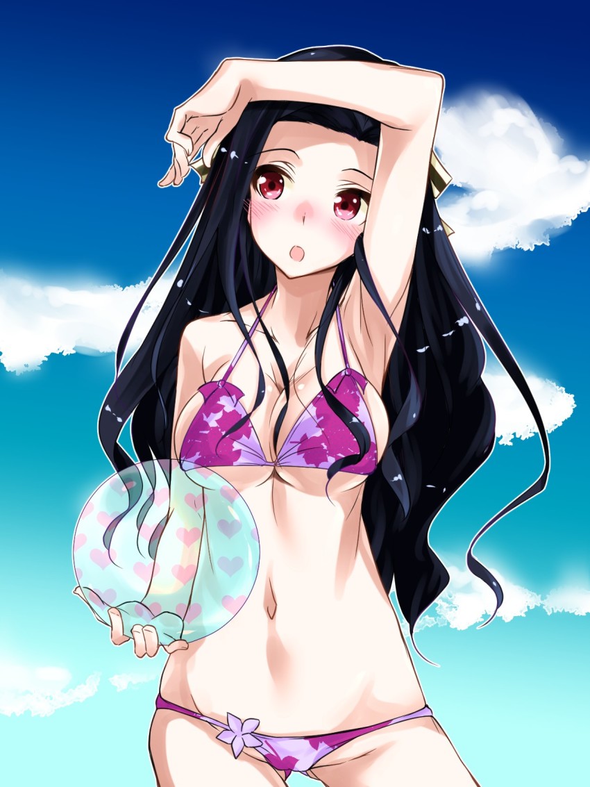 10s, 1girl, armpits, bikini, black_hair, blush, breasts, cameltoe, cleavage, dendendert, detached_sleeves, female_focus, highres, long_hair, lowleg, lowleg_bikini, mahouka_koukou_no_rettousei, navel, open_mouth, red_eyes, saegusa_mayumi, see-through_clothes, sideboob, solo, swimsuit, underboob