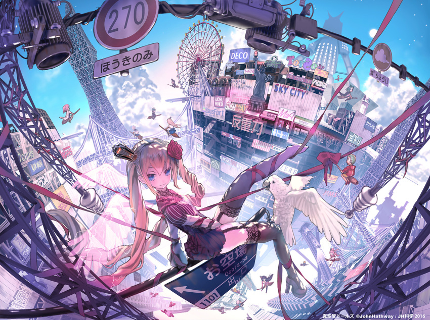 6+boys, 6+girls, aqua_hair, artist_name, bird, black_hair, black_legwear, blonde_hair