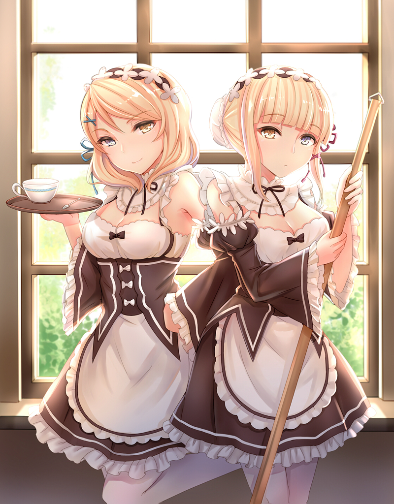 10s, 2girls, apron, blonde_hair, blue_eyes, breasts, broom, cleavage