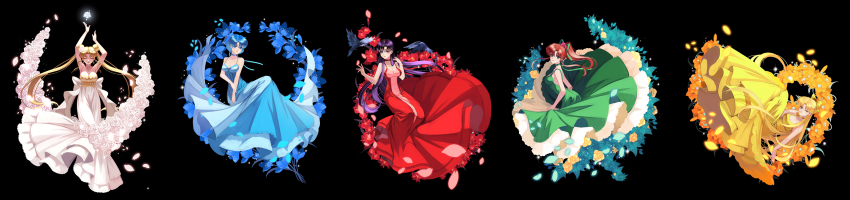 5girls, aino_minako, armpits, arms_up, bird, bishoujo_senshi_sailor_moon, black_background, black_hair