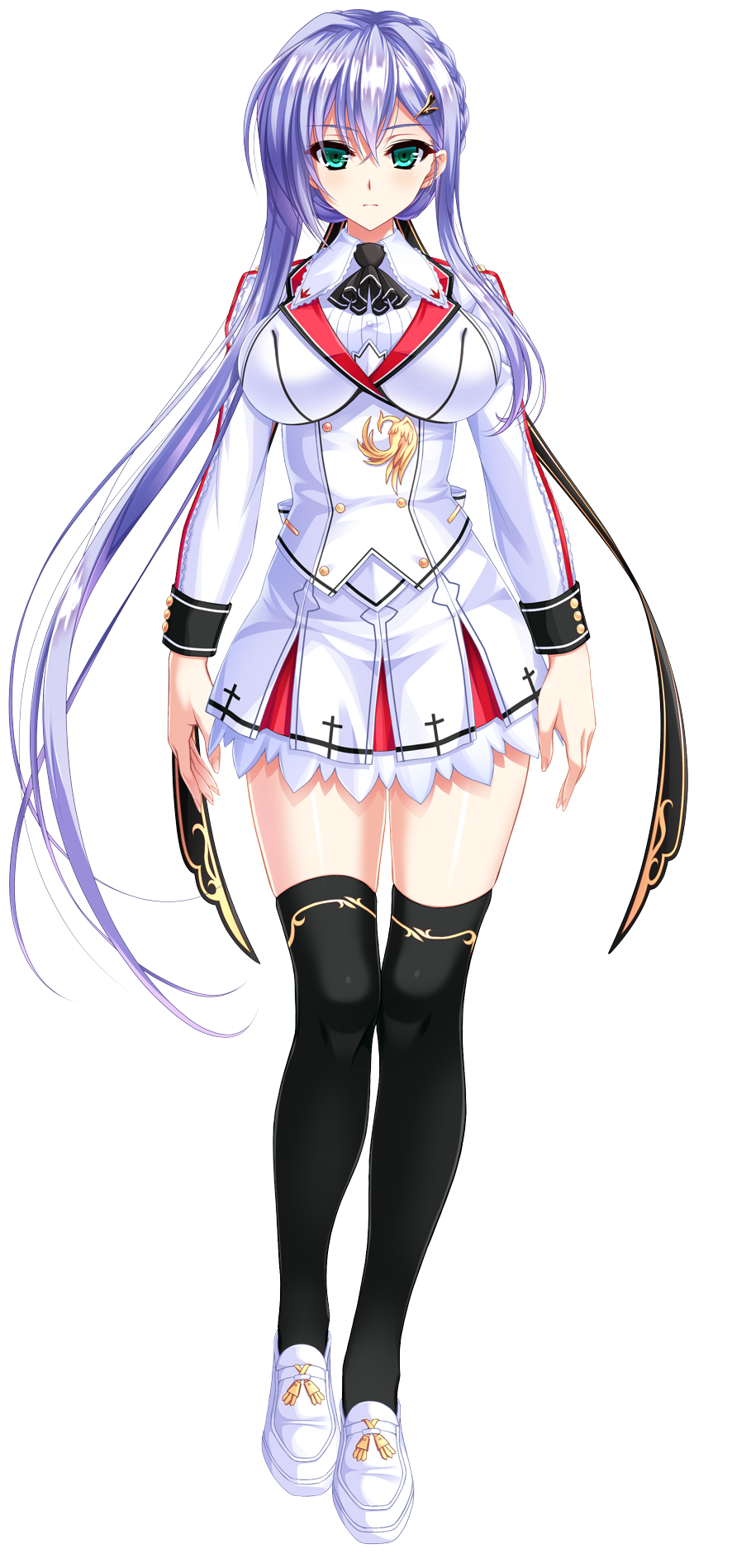 1girl, amasaka_takashi, aqua_eyes, black_thighhighs, female_focus, full_body, hair_ornament, hairclip