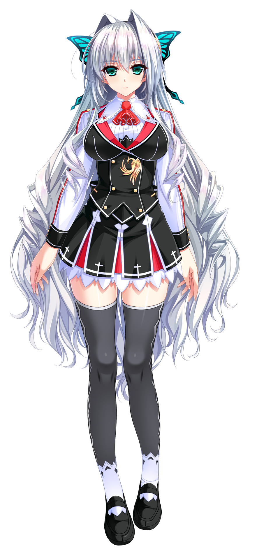 1girl, amasaka_takashi, aqua_eyes, black_thighhighs, breasts, female_focus, full_body, green_eyes