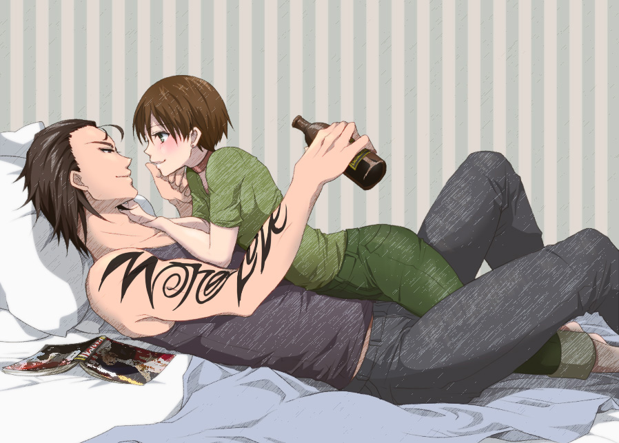 1boy, 1girl, bad_id, bed, billy_coen, black_hair, blush, brown_hair