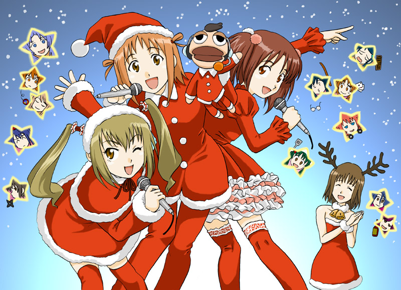 00s, 4girls, bare_shoulders, bell, bent_over, brown_eyes, brown_hair, christmas, closed_eyes, collar, dress, everyone, frills, fur, fur-trimmed_headwear, fur_trim, gokujou_seitokai, happy, hat, katsura_minamo, katsura_seina, long_hair, looking_back, microphone, multiple_girls, music, neck_bell, nero_(gahaku), one_eye_closed, oume_ayumu, pointing, pucchan, randou_rino, santa_costume, santa_hat, short_hair, singing, skirt, thighhighs, twintails, wink