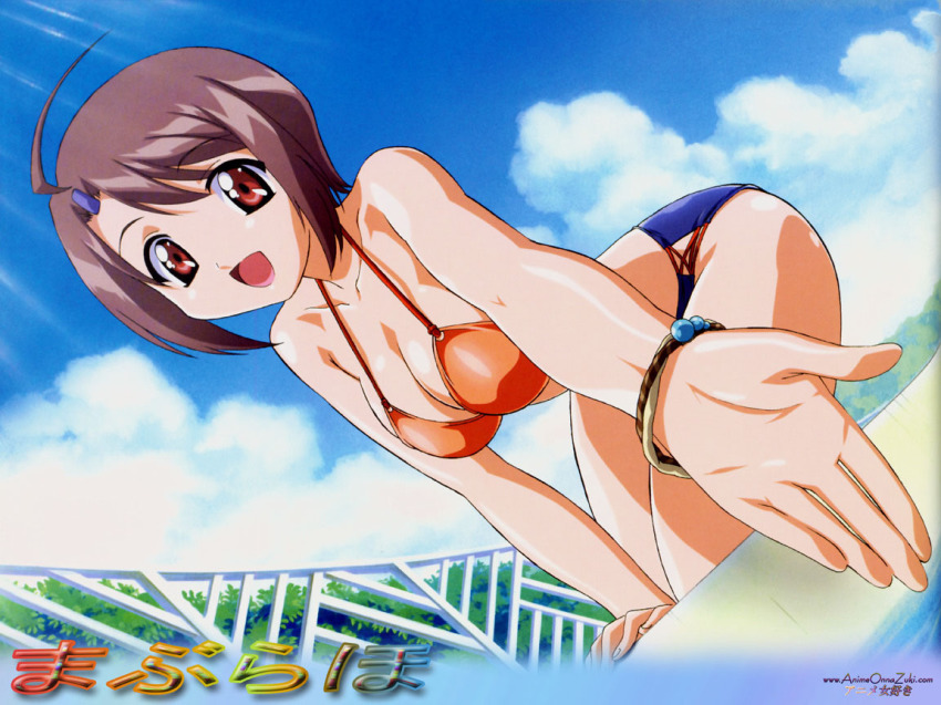 00s, 1girl, ahoge, bikini, bracelet, breasts, brown_hair, cleavage