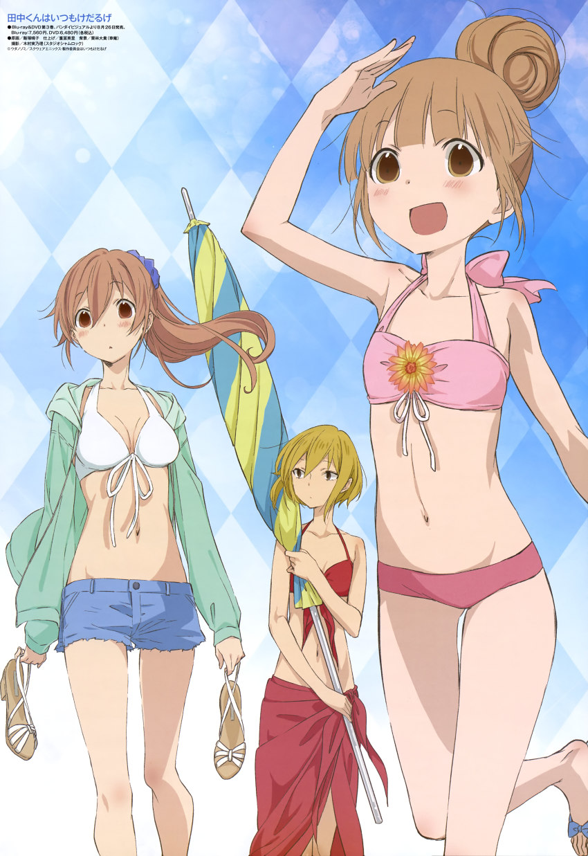 10s, 3girls, absurdres, alternate_hairstyle, beach_umbrella, bikini, blonde_hair, brown_eyes, closed_umbrella, cutoffs, echizen_(tanakeda), feet, flower, hair_bun, hair_ornament, hair_scrunchie, highres, holding, holding_shoes, holding_unworn_clothes, hood, hoodie, iizuka_haruko, long_hair, miyano_(tanakeda), multiple_girls, official_art, open_clothes, open_hoodie, pink_bikini, ponytail, red_bikini, sandals, sarong, scrunchie, shading_eyes, shiraishi_(tanakeda), shoes, short_hair, short_shorts, shorts, single_hair_bun, standing, standing_on_one_leg, swimsuit, tanaka-kun_wa_itsumo_kedaruge, umbrella, unworn_sandals, unworn_shoes, white_bikini