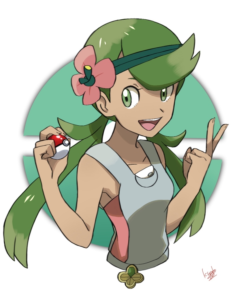 10s, 1girl, dark-skinned_female, dark_skin, female_focus, flower, green_eyes, green_hair, hair_flower, hair_ornament, highres, holding, holding_poke_ball, katao_smth, long_hair, mallow_(pokemon), matching_hair/eyes, nintendo, open_mouth, poke_ball, poke_ball_(basic), pokemon, pokemon_sun_and_moon, signature, simple_background, solo, sugimori_ken_(style), trial_captain, twintails, upper_body, white_background