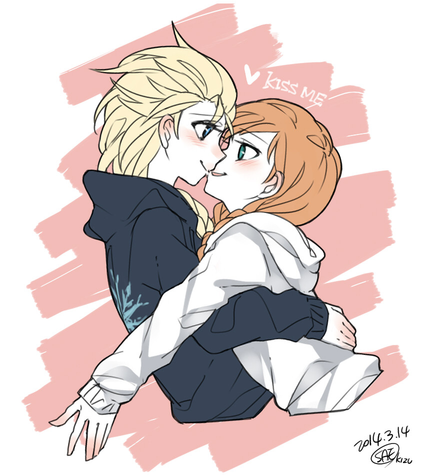 2girls, anna_(frozen), blonde_hair, blue_eyes, braid, couple, elsa_(frozen), eye_contact, frozen_(disney), happy, hood, hoodie, hug, incest, looking_at_another, multiple_girls, orange_hair, siblings, single_braid, sisters, smile, tanco_sae, twin_braids, yuri