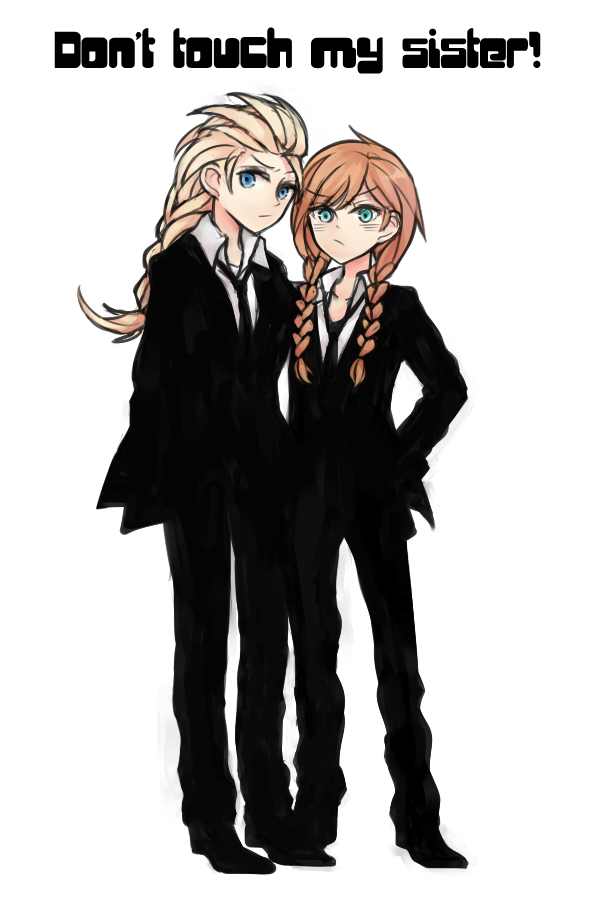 2girls, anna_(frozen), blonde_hair, braid, elsa_(frozen), english_text, formal_clothes, frozen_(disney)
