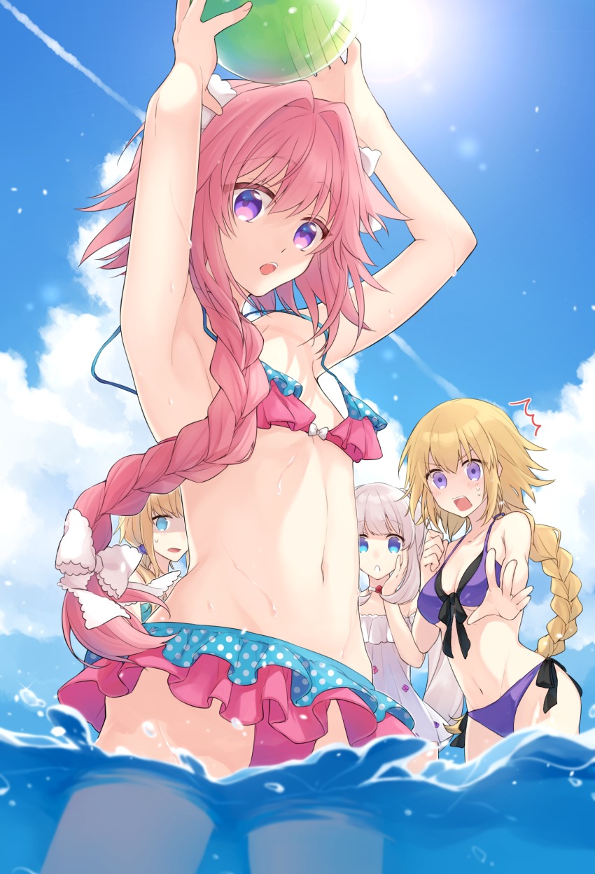 2boys, 2girls, alternate_costume, androgynous, armpits, astolfo_(fate), ball, beachball