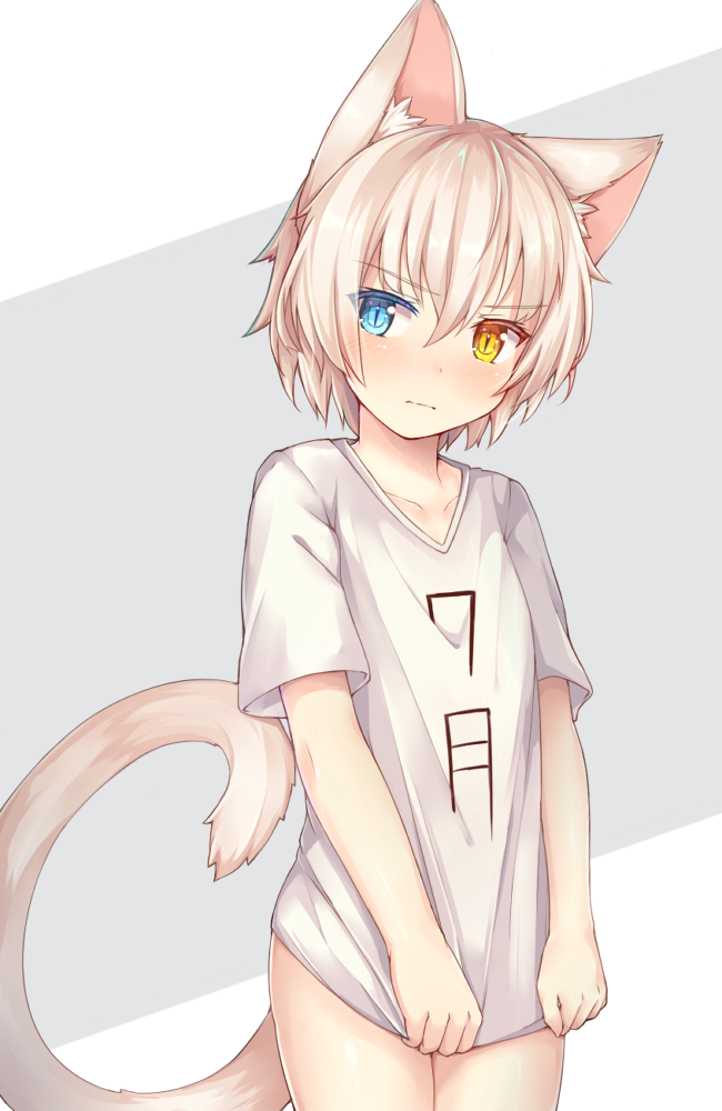 1boy, animal_ears, blue_eyes, blush, cat_ears, cat_tail, clothes_writing, collarbone