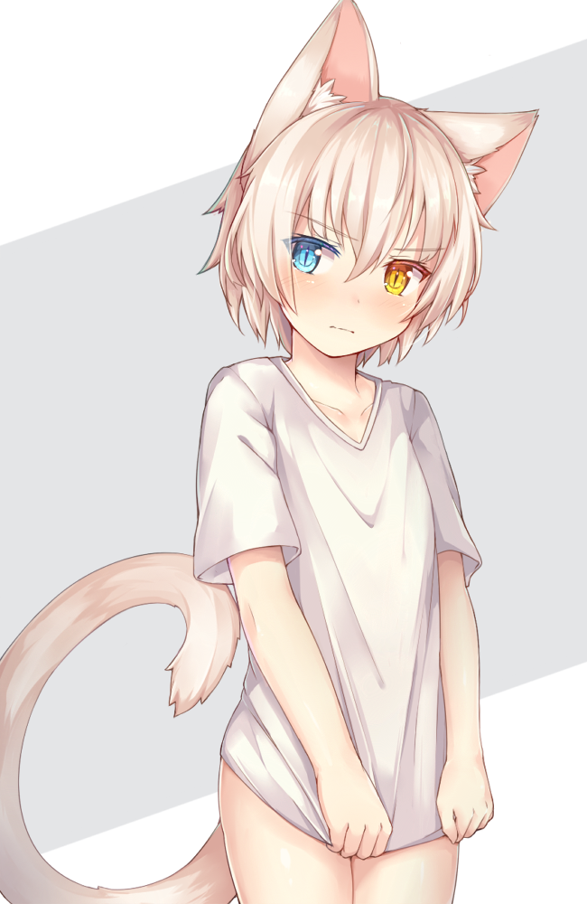1boy, animal_ears, blue_eyes, blush, bottomless, cat_boy, cat_ears, cat_tail