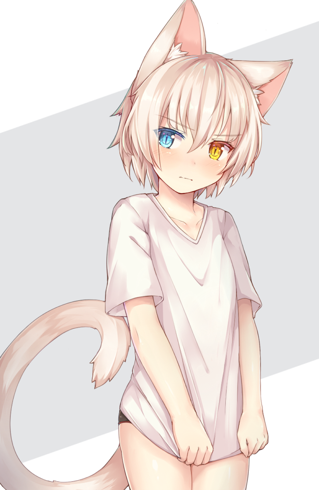 1boy, animal_ears, blue_eyes, blush, cat_ears, cat_tail, collarbone, cowboy_shot
