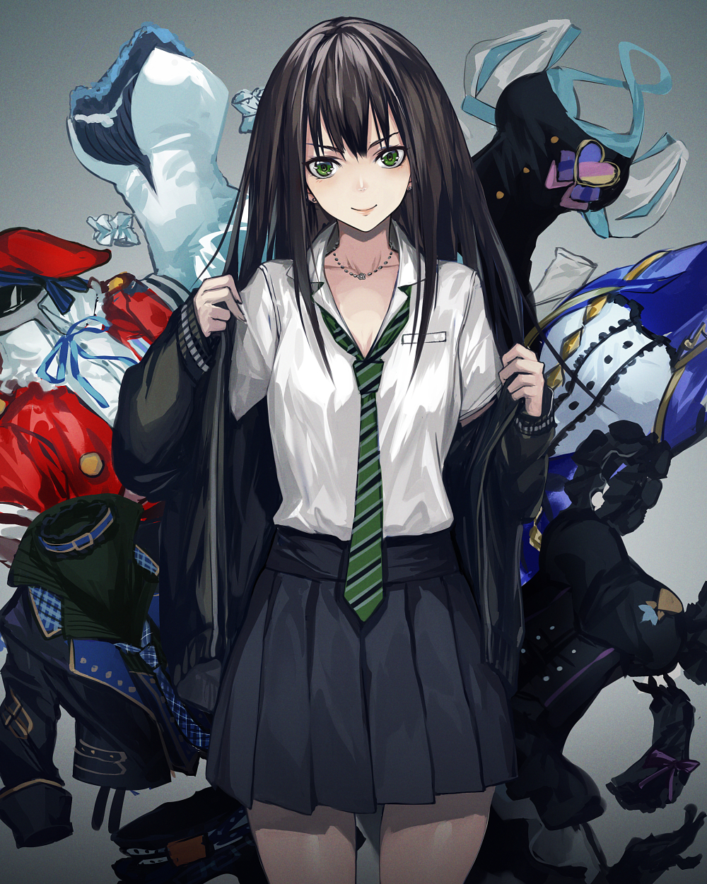10s, 1girl, black_gothic_dress_(idolmaster), brown_hair, cardigan, dekitate_evo!_revo!_generation!, female_focus, green_eyes, highres, idolmaster, idolmaster_cinderella_girls, idolmaster_cinderella_girls_starlight_stage, infukun, jewelry, long_hair, looking_at_viewer, necklace, necktie, open_cardigan, open_clothes, pleated_skirt, puff_and_slash_sleeves, puffy_short_sleeves, puffy_sleeves, rocking_school, school_uniform, shibuya_rin, shine!!, short_sleeves, skirt, solo, stage_of_magic, star!!, undressing