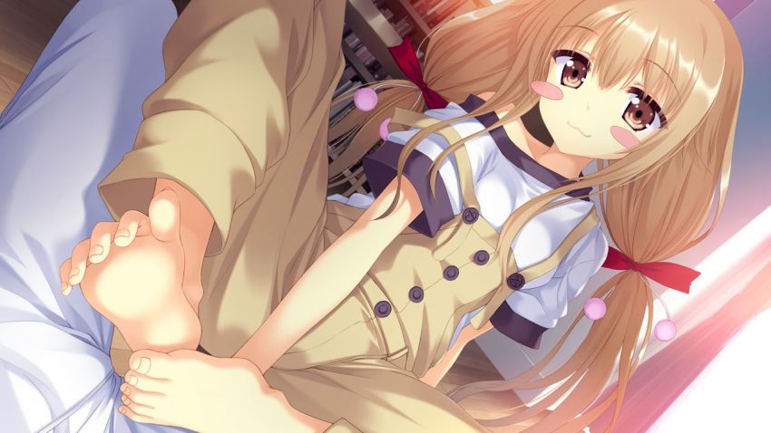 1girl, :3, barefoot, blonde_hair, blush, blush_stickers, chiyoda_mari, disembodied_blush, eyebrows, feet, female_focus, game_cg, jpeg_artifacts, koiken_otome, long_hair, looking_at_viewer, overalls, sitting, sitting_on_person, soles, solo, solo_focus, strap_slip, tateha_(marvelous_grace), toes, twintails