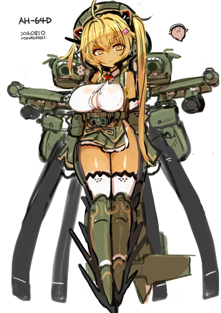 10s, 1girl, 2016, ah-64_apache, aircraft, attack_helicopter, blonde_hair, breasts, dark-skinned_female, dark_skin, dated, female_focus, framed_breasts, gunship, helicopter, helicopter_gunship, huge_breasts, looking_at_viewer, mecha_musume, military_vehicle, miniskirt, parted_lips, personification, pleated_skirt, rocket, rondo_bell, rotor, skirt, solo, white_background, yellow_eyes