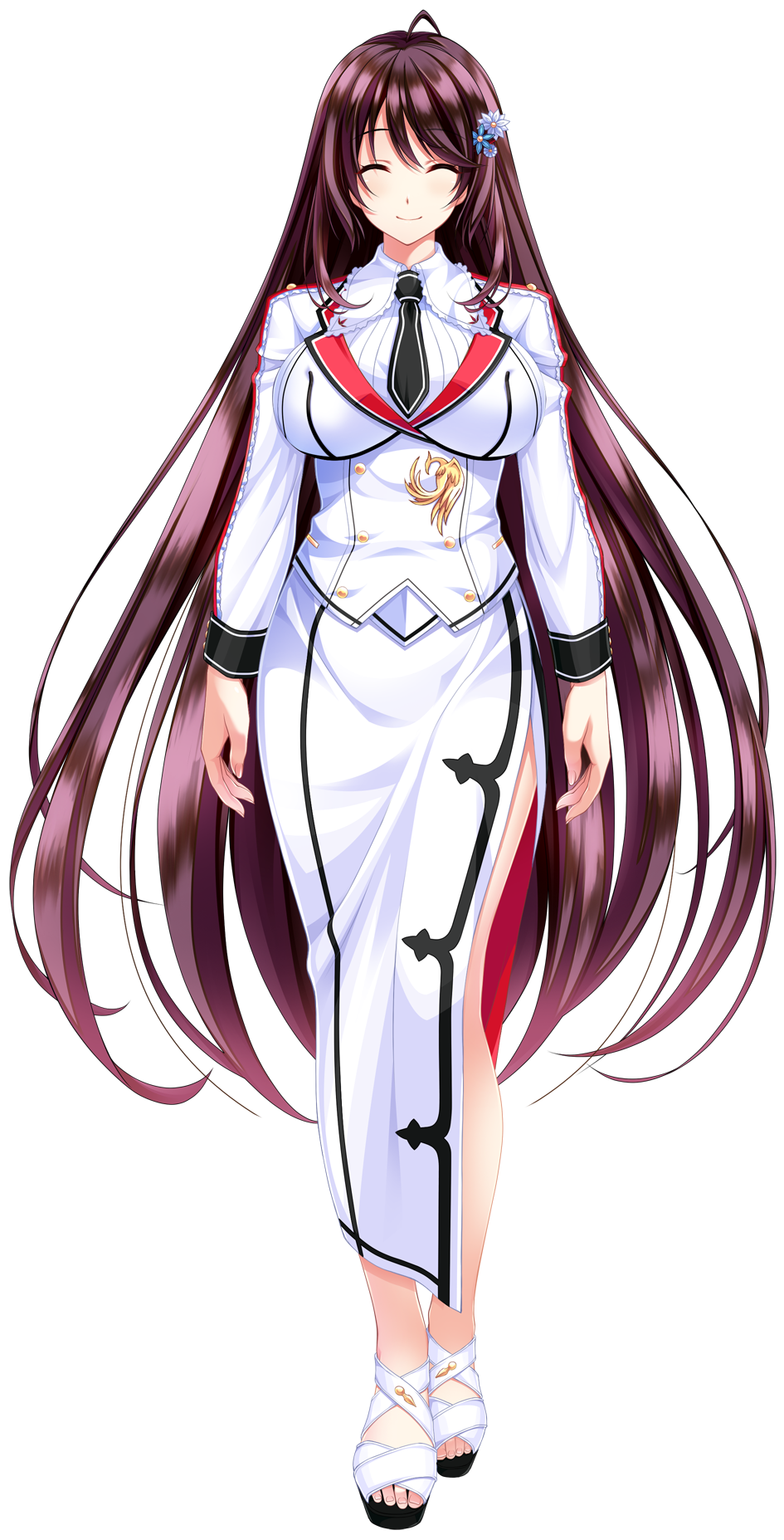 1girl, ^_^, amasaka_takashi, breasts, brown_hair, closed_eyes, female_focus, full_body, hair_ornament, highres, katanajou_minamo, large_breasts, legs_together, long_hair, necktie, official_art, sandals, side_slit, smile, solo, standing, toujou_minamo, transparent_background, uniform, unionism_quartet, very_long_hair