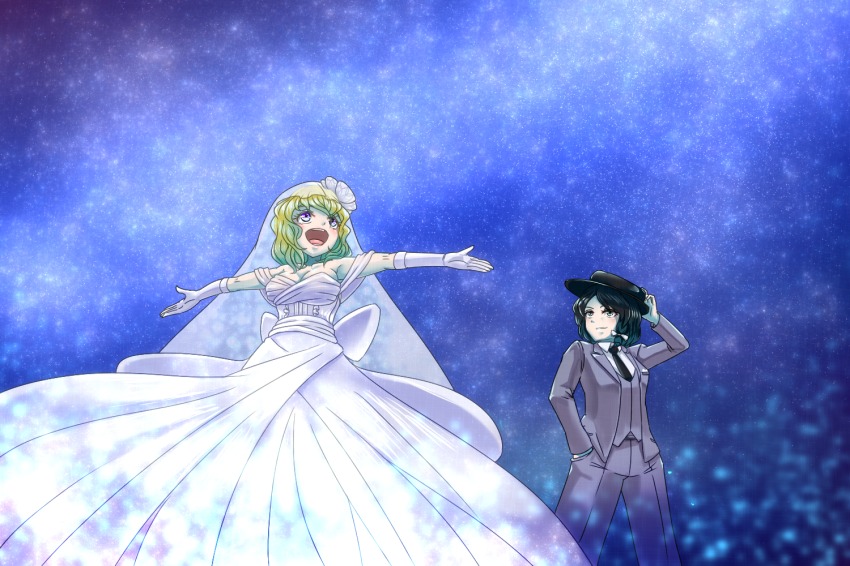 2girls, black_hair, blonde_hair, bridal_veil, bride, dress, elbow_gloves, formal_clothes, gloves, groom, hand_in_pocket, hand_on_headwear, hat, maribel_hearn, milky_way, multiple_girls, necktie, night, open_mouth, outstretched_arms, purple_eyes, short_hair, sky, smile, star_(sky), starry_sky, suit, takoyaki_(spirits), touhou, usami_renko, veil, wedding_dress, white_dress