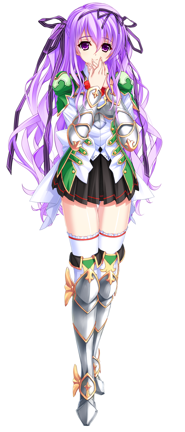 1girl, amasaka_takashi, armor, elbow_gloves, female_focus, full_body, game_cg, gloves, highres, long_hair, looking_at_viewer, mirufina_sol_ereanoruto, official_art, pleated_skirt, purple_eyes, purple_hair, ribbon, skirt, smile, solo, thighhighs, transparent_background, unionism_quartet, very_long_hair, zettai_ryouiki