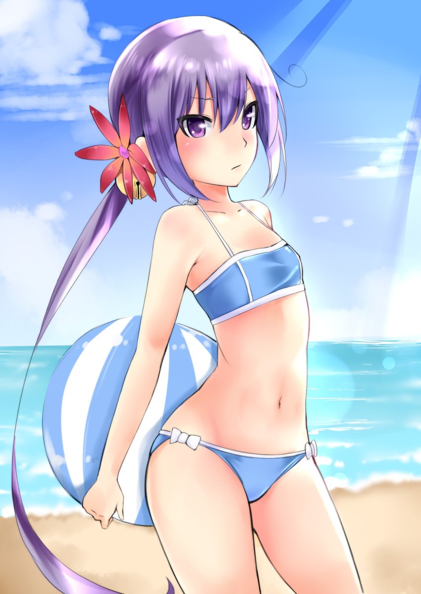 10s, 1girl, absurdres, akebono_(kancolle), akebono_(pm_swimsuit)_(kancolle), ball, beach, beachball, bell, bikini, female_focus, flower, hair_bell, hair_flower, hair_ornament, highres, jingle_bell, kantai_collection, purple_eyes, purple_hair, side_ponytail, solo, standing, swimsuit, yoshiki_(bpmaxm)