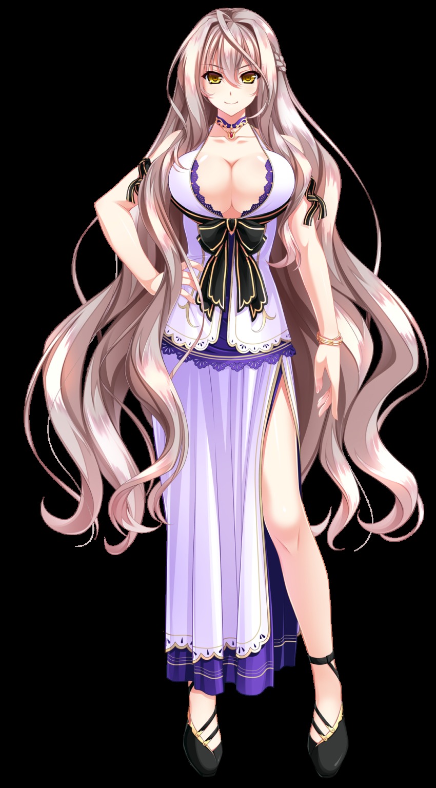 1girl, ahoge, amasaka_takashi, arcelias_pendragon, arm_at_side, bare_shoulders, black_bow, black_footwear, black_ribbon, bow, bracelet, braid, breasts, center_opening, cleavage, closed_mouth, collarbone, dress, female_focus, french_braid, full_body, gem, hair_between_eyes, hand_on_own_hip, highres, jewelry, lace, lace-trimmed_dress, lace_trim, large_breasts, legs, light_brown_hair, light_smile, long_hair, looking_at_viewer, necklace, no_bra, official_art, red_gem, rei_no_himo, ribbon, sandals, sennri_sabanegi, shoes, side_slit, sidelocks, silver_hair, smile, solo, standing, thighs, transparent_background, underbust, unionism_quartet, very_long_hair, wavy_hair, white_dress, yellow_eyes