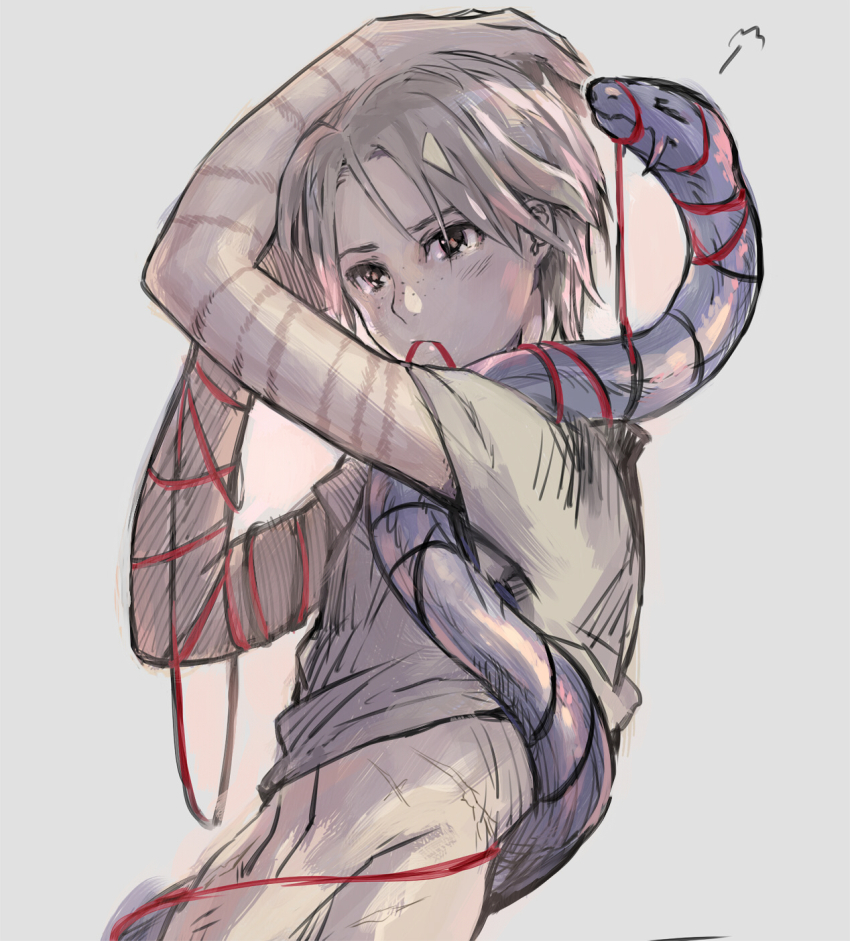 1boy, arms_up, brown_eyes, freckles, hand_in_own_hair, highres, hnt, ja'far_(magi)