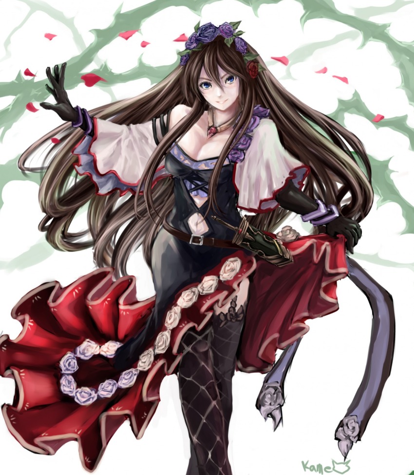 10s, 1girl, asymmetrical_clothes, black_gloves, breasts, brown_hair, cleavage, dagger, dress, female_focus, fishnet_thighhighs, fishnets, flower, gem, gloves, granblue_fantasy, hair_flower, hair_ornament, highres, jewelry, kameneko, knife, large_breasts, long_hair, navel, necklace, off_shoulder, petals, purple_eyes, red_gem, rose, rose_petals, rosetta_(granblue_fantasy), smile, solo, thighhighs, very_long_hair, weapon