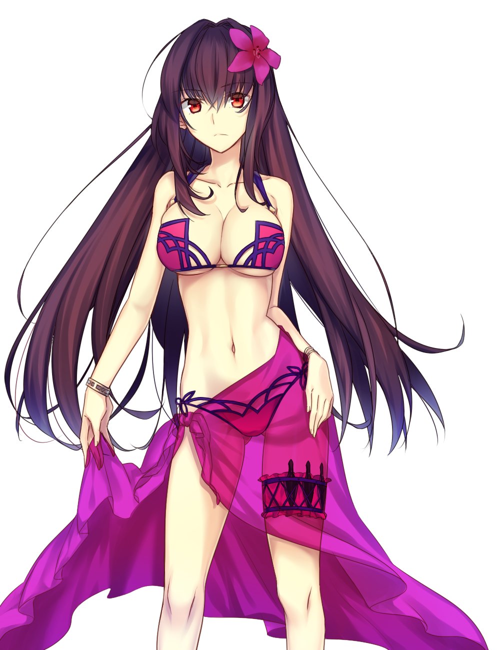 1girl, bare_shoulders, bikini, breasts, cleavage, fate/grand_order, fate_(series), female_focus, highres, large_breasts, long_hair, navel, ouhina, purple_hair, red_eyes, scathach_(fate), scathach_(fate/grand_order), scathach_(swimsuit_assassin)_(fate), solo, swimsuit