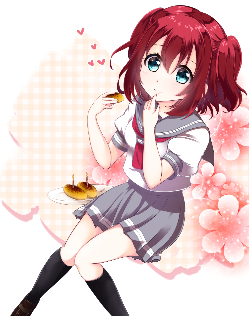 10s, blue_eyes, cake, candle, flower, food, heart, highres