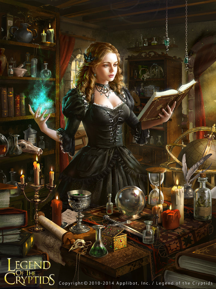 10s, 1girl, 2014, black_dress, book, book_stack, bookshelf, bottle, box, candle, candlestand, chalice, choker, copyright_name, cup, dagger, dress, earrings, female_focus, globe, hair_ornament, hourglass, image_sample, indoors, inkwell, jewelry, knife, laura_sava, legend_of_the_cryptids, magic, open_book, pestle, quill, realistic, scroll, skull, solo, standing, table, watermark, weapon, window