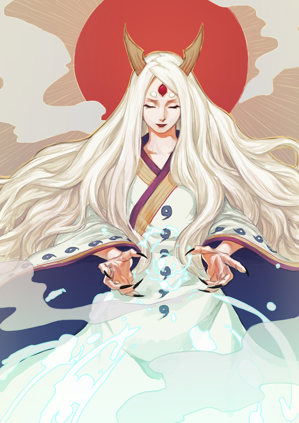 1girl, black_nails, closed_eyes, energy, female_focus, fingernails, highres, hitodama, horns, lipstick, long_hair, makeup, nail_polish, naruto_(series), naruto_shippuuden, ootsutsuki_kaguya, red_lips, rinne_sharingan, robe, sharp_fingernails, skyfiss, smile, solo, third_eye, white_hair