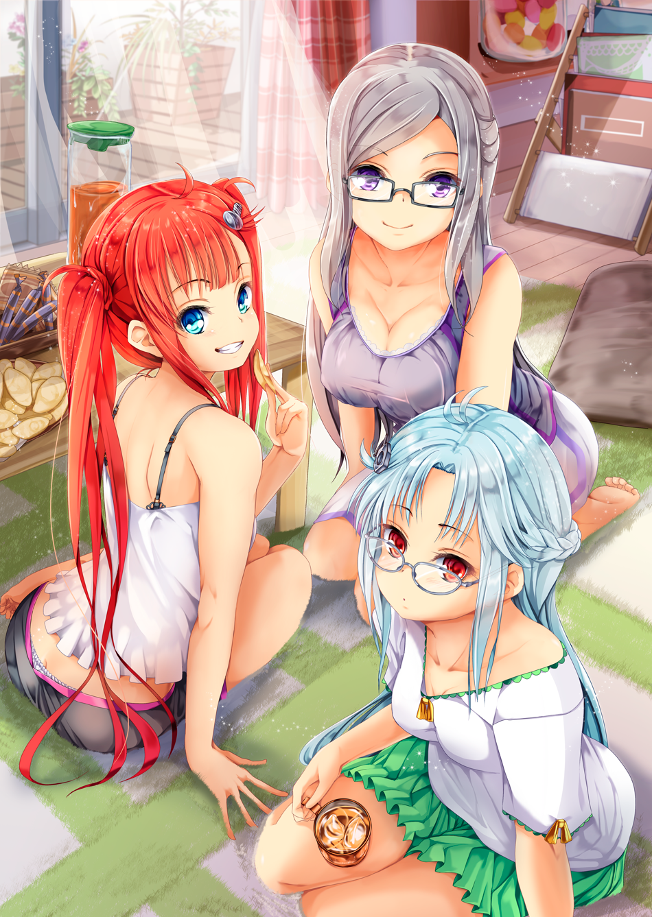 3girls, :d, ahoge, antenna_hair, arm_at_side, arm_support, ass, bag_of_chips