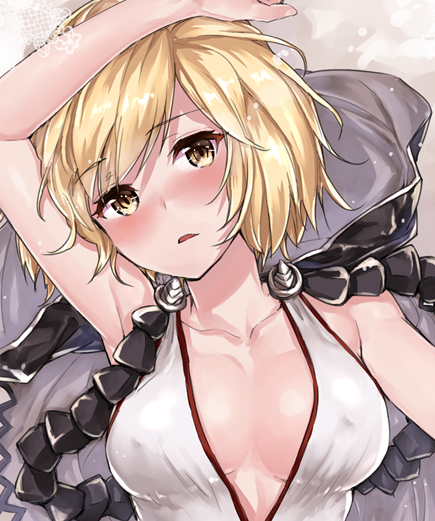 10s, 1girl, arm_on_own_head, arm_up, assassin_(granblue_fantasy), blonde_hair, blush, breasts, collarbone, covered_erect_nipples, djeeta_(granblue_fantasy), eyebrows, female_focus, frown, granblue_fantasy, hood, lying, midriff, nose_blush, on_back, open_mouth, short_hair, solo, sumiya_akihiro, yellow_eyes