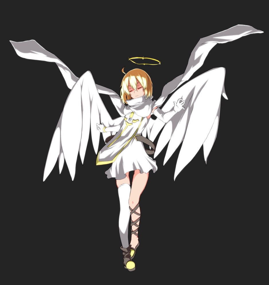 1girl, ahoge, blonde_hair, cape, closed_eyes, elbow_gloves, facing_viewer, female_focus, full_body, gloves, halo, itsumaden, itsumaden_(track46), niel_(sennen_sensou_aigis), sennen_sensou_aigis, short_hair, single_thighhigh, solo, standing, sword, tabard, thighhighs, weapon, white_cape, white_gloves, wings