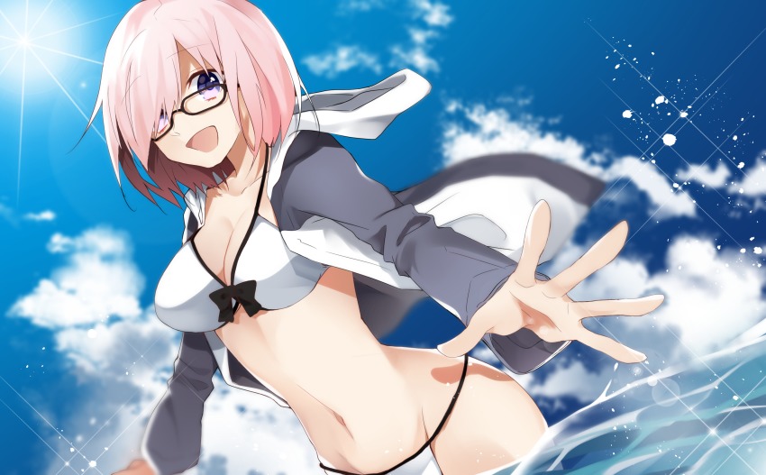 1girl, :d, alternate_costume, bikini, black-framed_eyewear, breasts, fate/grand_order, fate_(series)