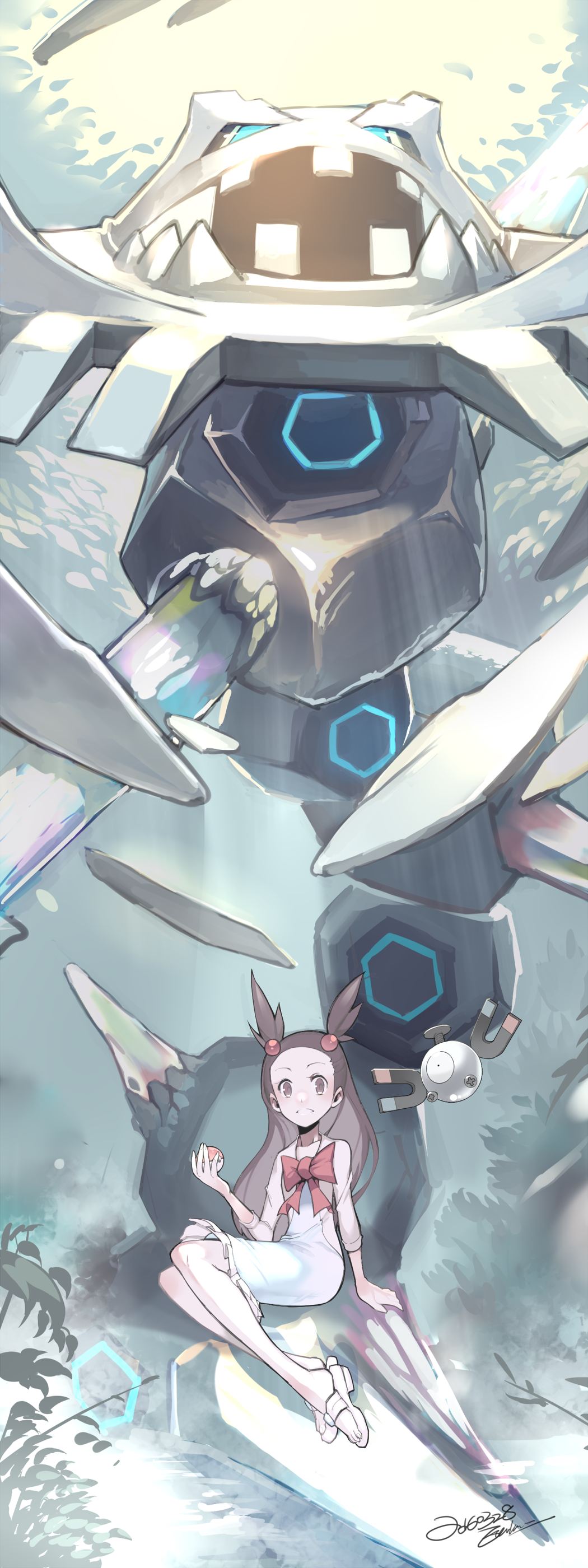 00s, 1girl, absurdres, brown_hair, crystal, e_volution, gen_1_pokemon, gen_2_pokemon