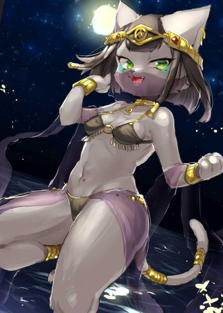 1girl, bastet_(fullbokko_heroes), bikini, brown_hair, female_focus, fullbokko_heroes, furry, furry_female, green_eyes, open_mouth, outdoors, short_hair, sky, solo, suurin_(ksyaro), swimsuit