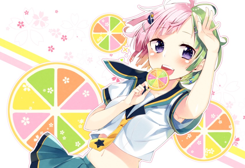 1girl, aqua_skirt, arm_up, bad_id, bad_pixiv_id, blush, cherry_blossoms, crop_top