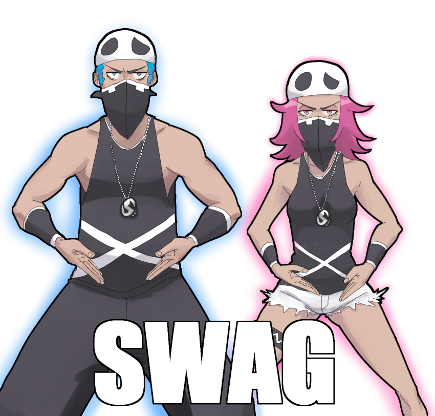 10s, 1boy, 1girl, bandana, bandana_over_mouth, beret, bling, bracelet, english_text, eyeshadow, hat, highres, hotpants, jewelry, makeup, nintendo, npc_trainer, pink_eyes, pink_hair, pokemon, pokemon_sun_and_moon, reze_(rewindze), swag, tank_top, team_skull, team_skull_grunt, team_skull_grunt_(female), text_focus, thighlet