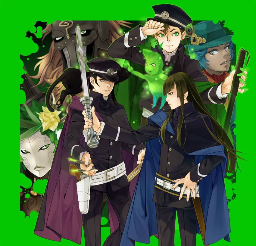 1girl, 6+boys, border, cosplay, dagda_(megami_tensei), danu_(megami_tensei), dark_skin, demon_(megami_tensei), devil_summoner_(series), fedora, flynn_(megami_tensei), ghost, gouto, green_border, green_eyes, grey_eyes, hair_down, hand_on_own_hip, hat, highres, krishna_(megami_tensei), kuzunoha_raidou, kuzunoha_raidou_(cosplay), long_hair, multiple_boys, nanashi_(megami_tensei), navarre_(megami_tensei), peaked_cap, purple_eyes, shin_megami_tensei, shin_megami_tensei_iv, shin_megami_tensei_iv_final, sword, uniform, weapon, white-light