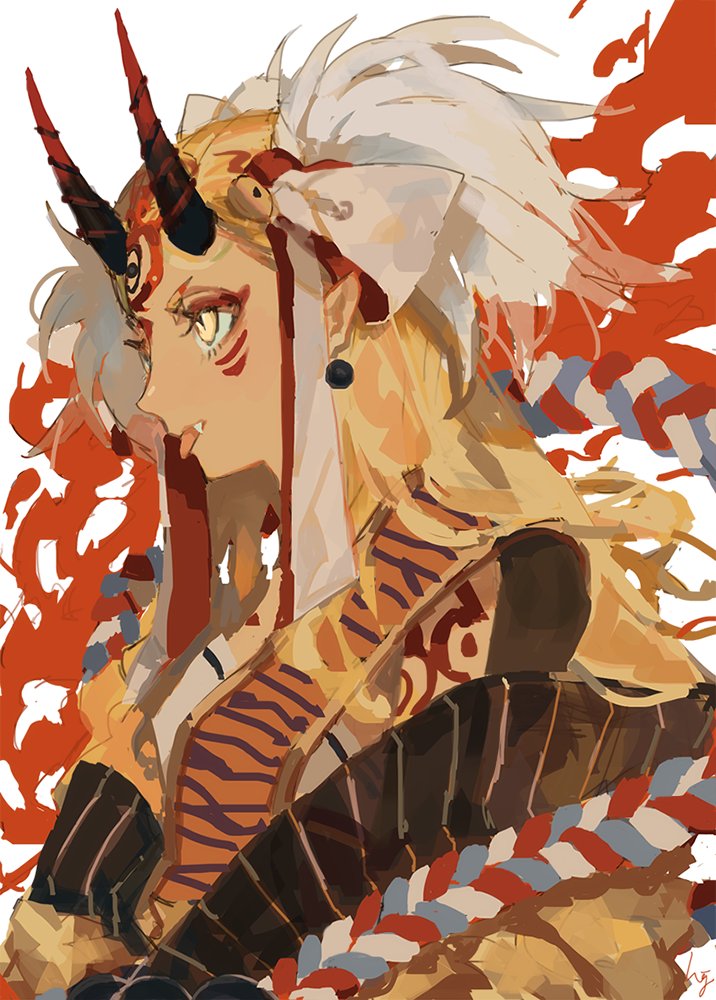 1girl, artist_name, bell, blonde_hair, bodypaint, demon_girl, earrings, facial_mark