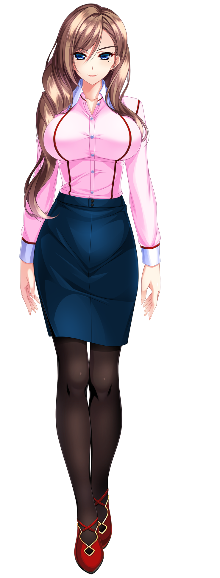 1girl, amasaka_takashi, arms_at_sides, black_pantyhose, blouse, blue_skirt, breasts, brown_hair, buttons, closed_mouth, collared_shirt, cross-laced_footwear, drill_hair, eyebrows, female_focus, fingernails, full_body, grey_hair, hair_between_eyes, hair_over_shoulder, highres, large_breasts, legs_together, light_smile, lipstick, long_fingernails, long_hair, long_sleeves, looking_at_viewer, makeup, mature_female, mole, mole_under_eye, official_art, pantyhose, pencil_skirt, pink_lips, pink_shirt, red_shoes, sennri_sabanegi, shirt, shoes, side_slit, skirt, sleeve_cuffs, smile, solo, standing, stella_marisdia, thigh_gap, transparent_background, unbuttoned, unionism_quartet, very_long_hair