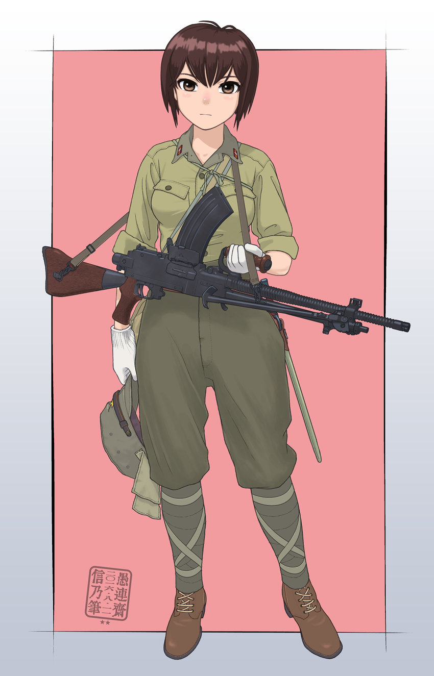1girl, ankle_boots, ankle_wrap, bayonet, boots, brown_eyes, female_focus, frown