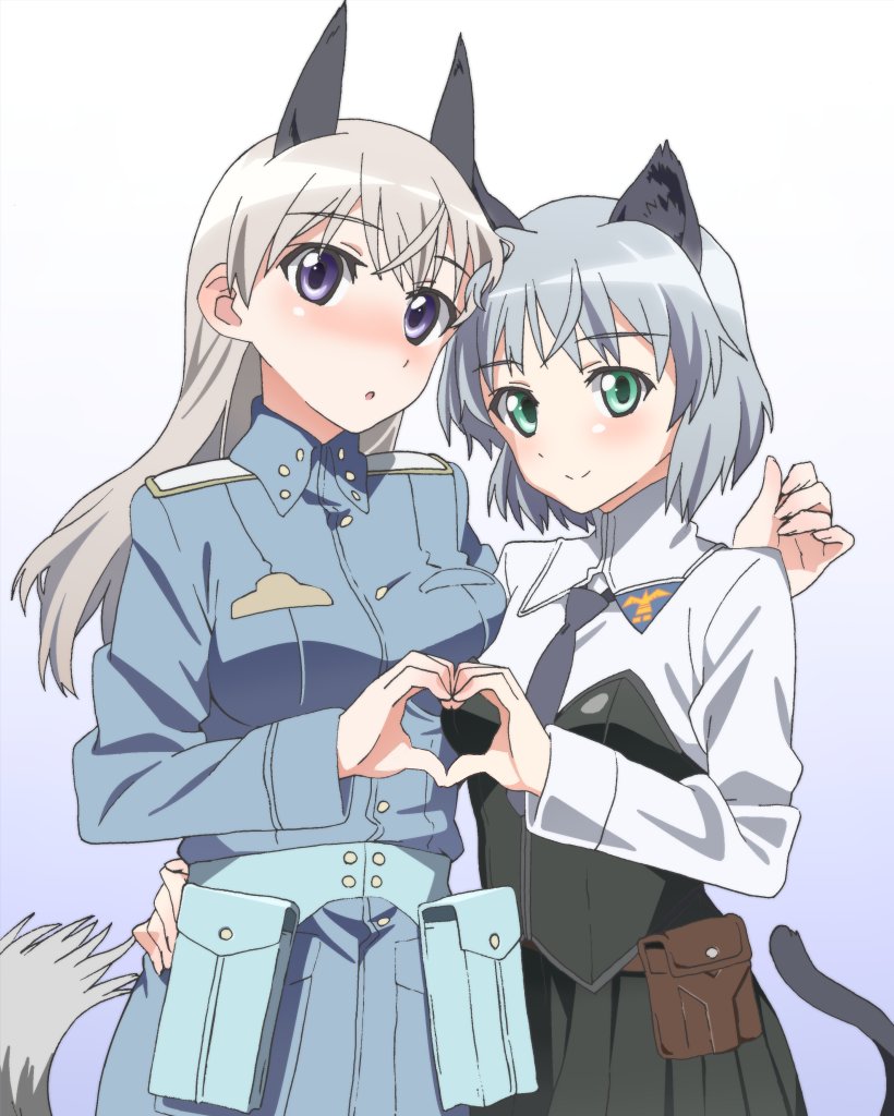2girls, animal_ears, blush, eila_ilmatar_juutilainen, green_eyes, kogarashi51, long_hair, military