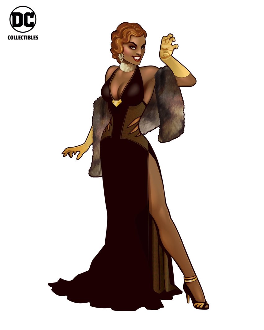 1girl, ant_lucia, black_dress, bob_cut, bombshells, breasts, choker, cleavage, copyright_name, dark_skin, dark-skinned_female, dc_comics, dress, earrings, eyeshadow, female_focus, formal_clothes, full_body, gloves, halterneck, high_heels, highres, jewelry, lipstick, makeup, mari_jiwe_mccabe, official_art, parted_lips, shawl, side_slit, simple_background, sleeveless, sleeveless_dress, smile, solo, standing, teeth, vixen_(dc), yellow_gloves