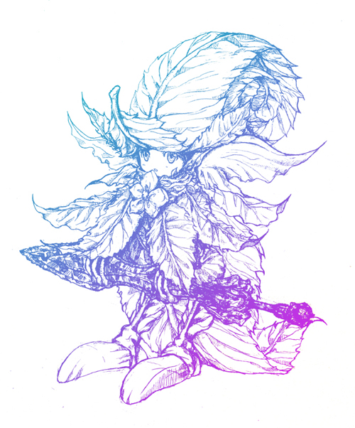 baku_(bakunooekaki), creature, fantasy, flower, leaf, legend_of_mana, monochrome, no_humans