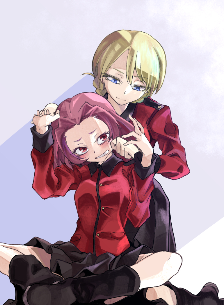 10s, 2girls, blonde_hair, blue_eyes, blush, boots, darjeeling_(girls_und_panzer), girls_und_panzer