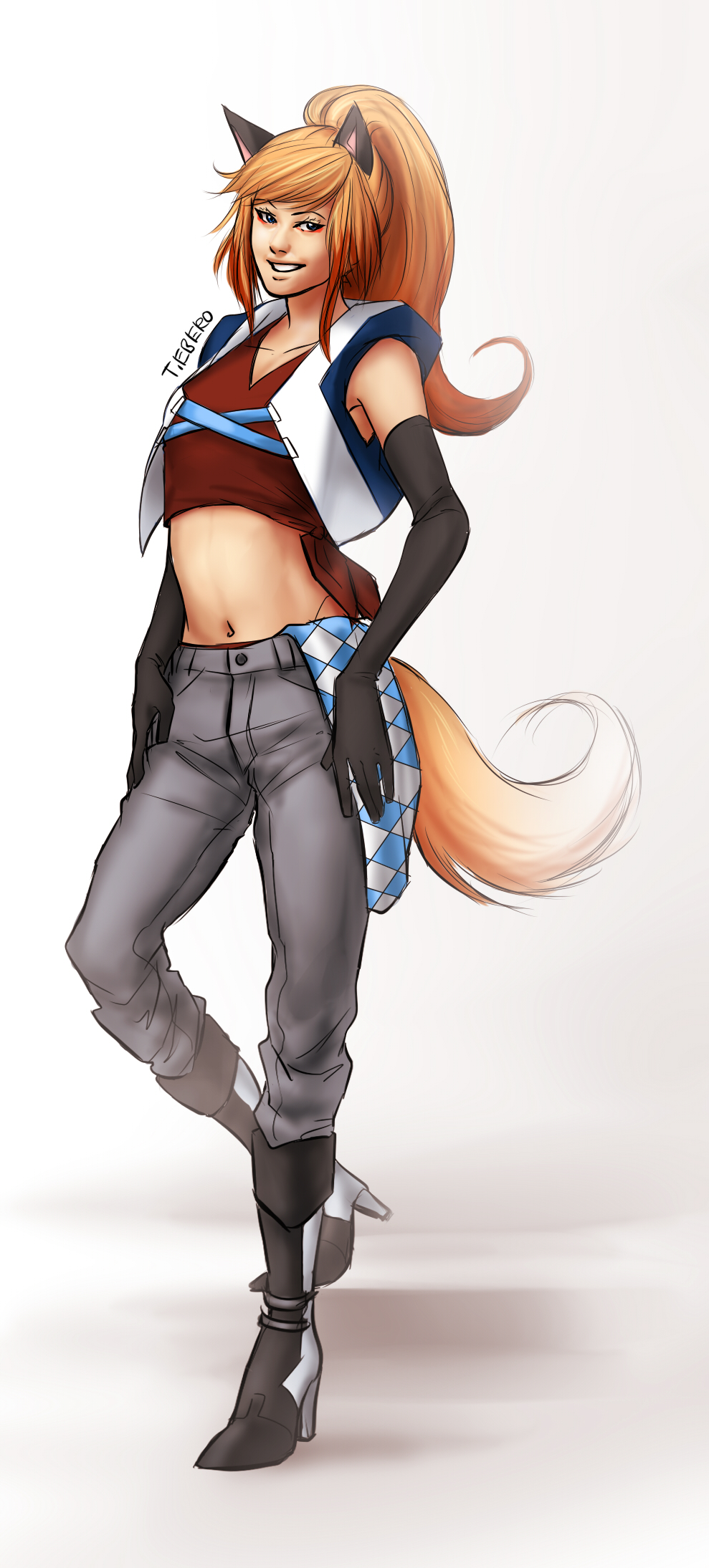 1girl, animal_ears, artist_name, blue_eyes, boots, daina_(vocaloid), female_focus, fox_ears, fox_tail, full_body, gloves, grey_background, highres, long_hair, midriff, navel, orange_hair, ponytail, solo, tail, tiebero, vocaloid